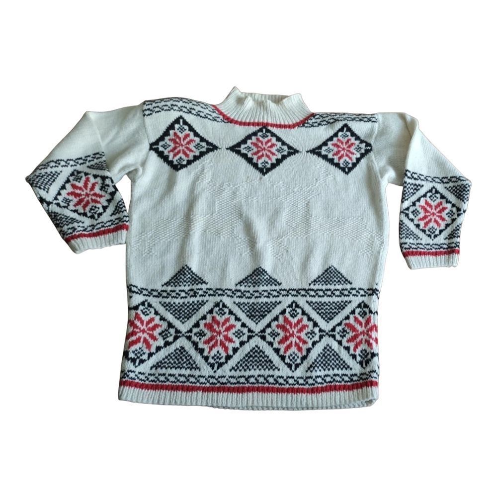 Elegant White and Black Patterned Turtleneck Sweater